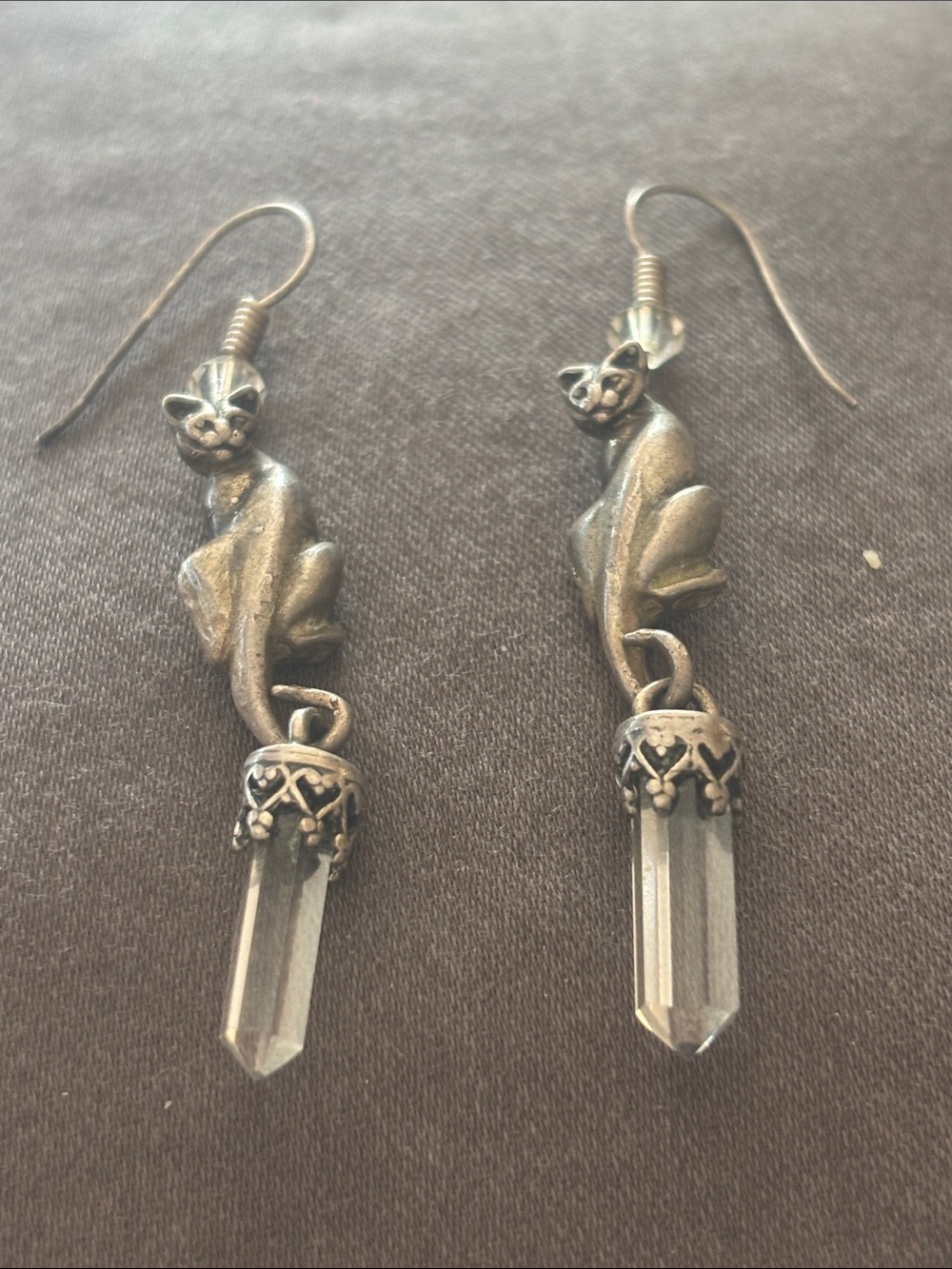 Cat and crystal dangle earrings